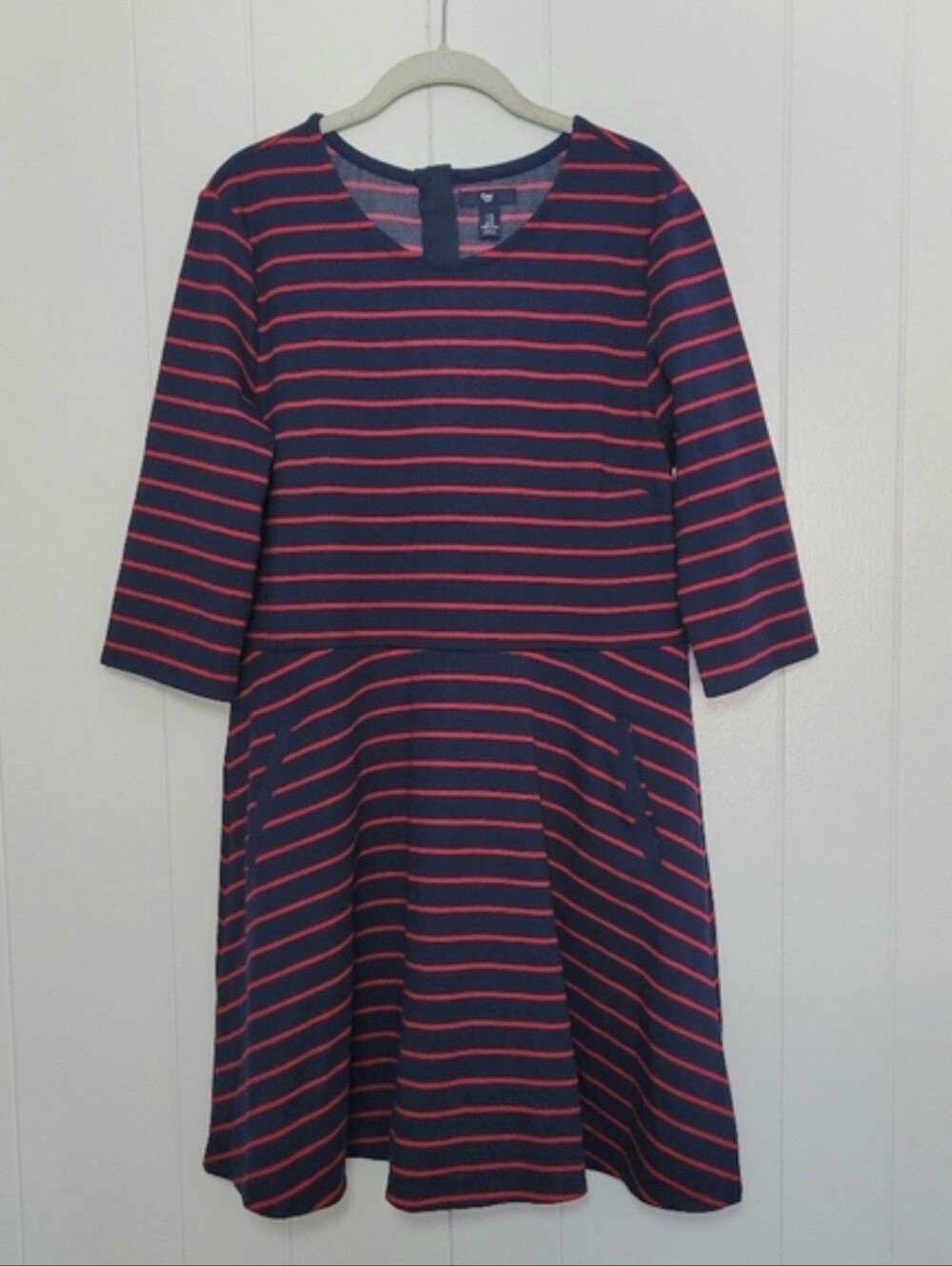 NWT Gap Factory Striped Ponte Fit & Flare Dress Navy Blue & Red ¾ Sleeve XL